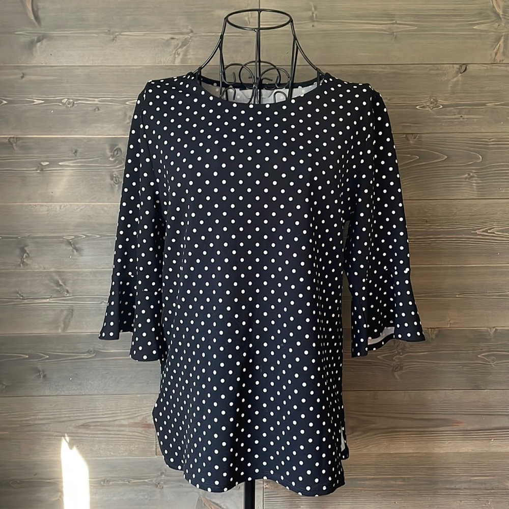 Croft and barrow black and white polkadotted, bell sleeve shirt